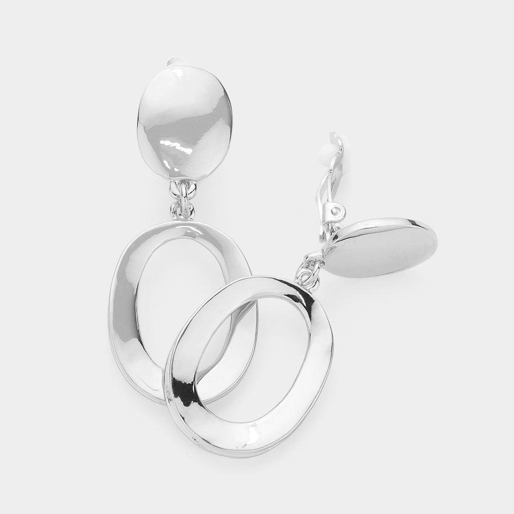 Silver Metal Oval Hoop Clip on Earrings