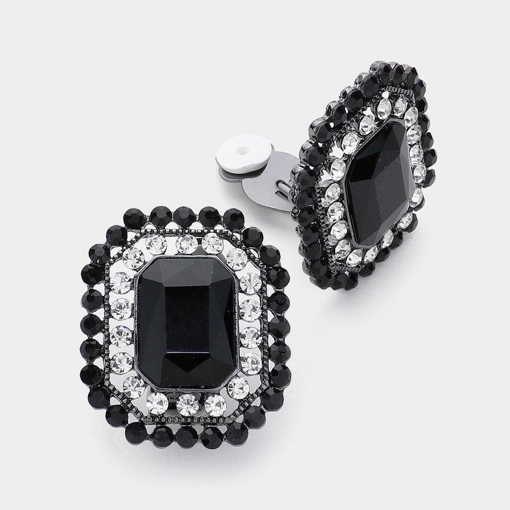 Black Geometric Square Stone Accented Clip On Evening Earrings