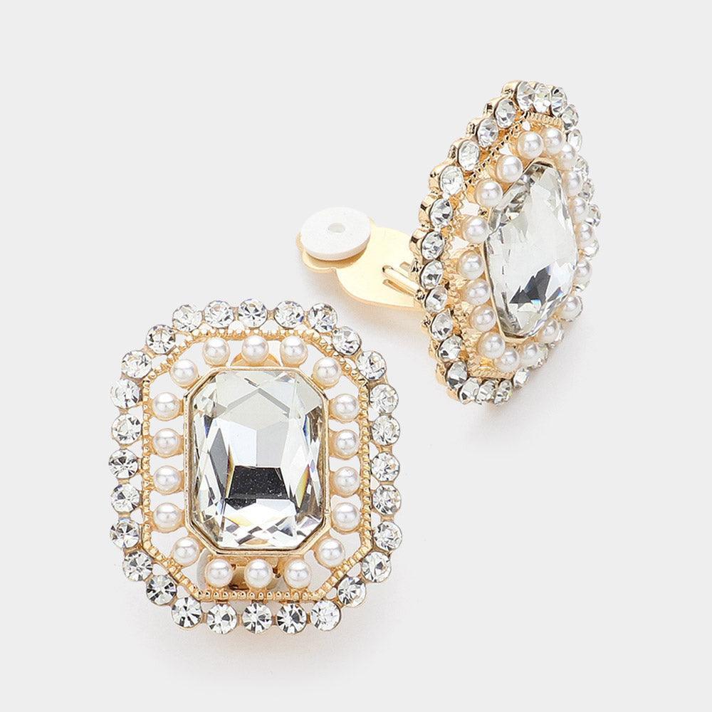 Cream Geometric Square Stone Accented Pearl Trim Clip On Evening Earrings - Jewelry Store by Erik Rayo
