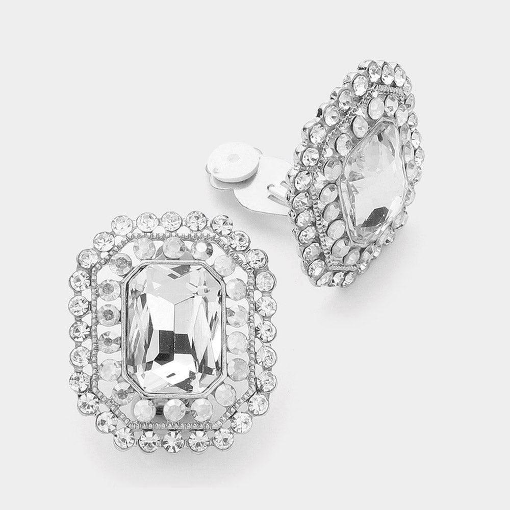 Clear Geometric Square Stone Accented Clip On Evening Earrings - Jewelry Store by Erik Rayo