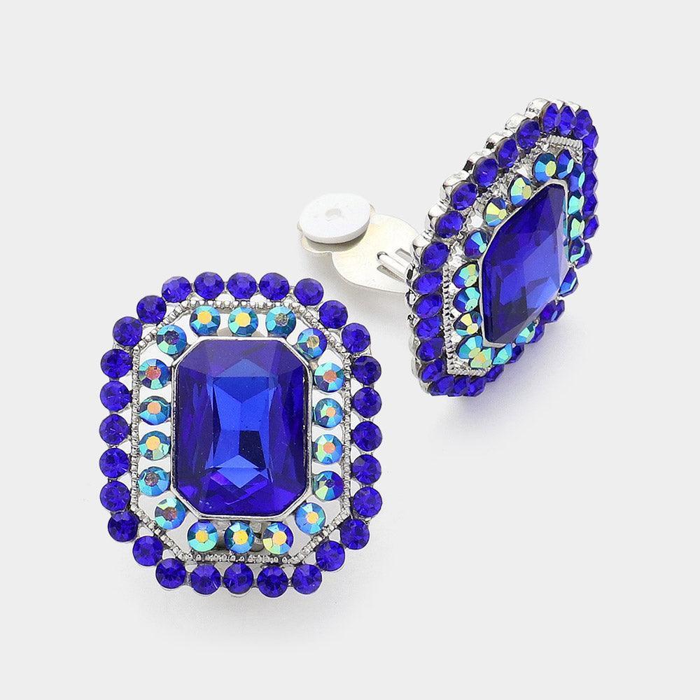 Blue Geometric Square Stone Accented Clip On Evening Earrings - Jewelry Store by Erik Rayo