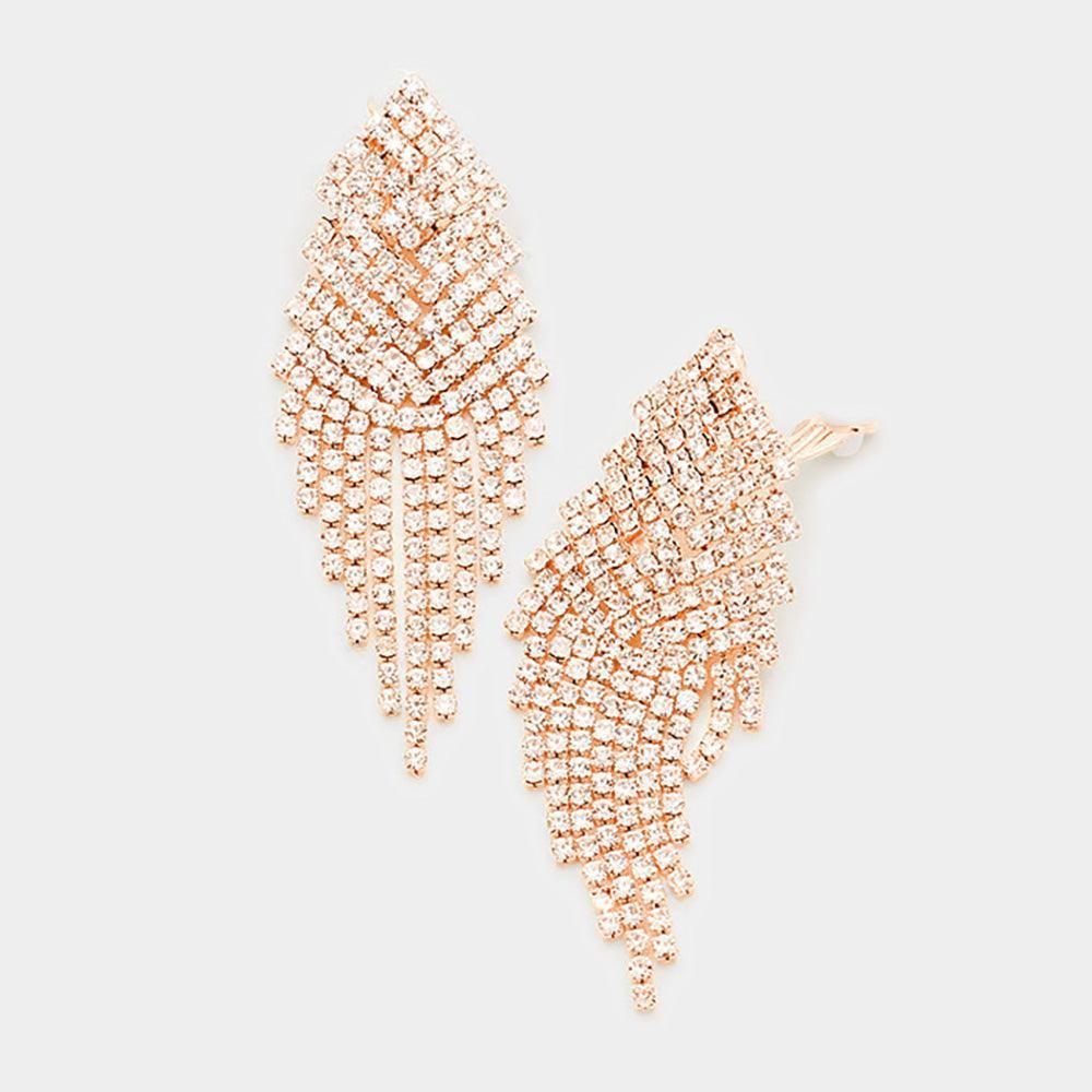 Clear Pave Crystal Rhinestone Fringe Clip on Evening Earrings - Jewelry Store by Erik Rayo