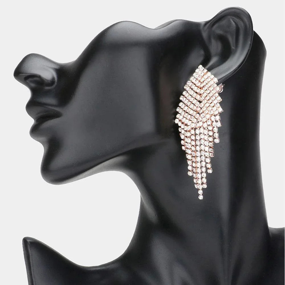 Clear Pave Crystal Rhinestone Fringe Clip on Evening Earrings - Jewelry Store by Erik Rayo