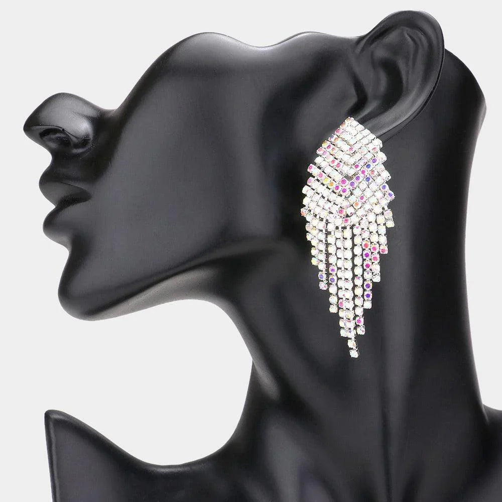 Silver Pave Crystal Rhinestone Fringe Clip on Evening Earrings - Jewelry Store by Erik Rayo
