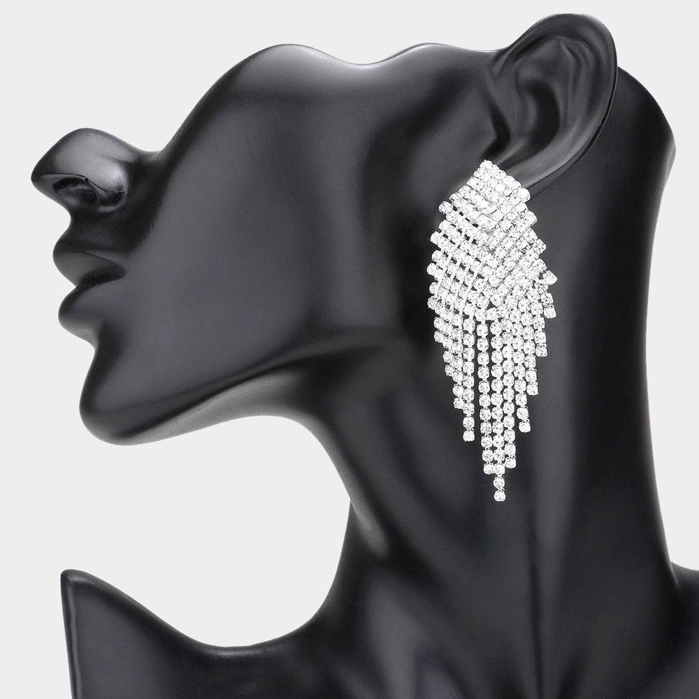 Silver Pave Crystal Rhinestone Fringe Clip on Evening Earrings - Jewelry Store by Erik Rayo