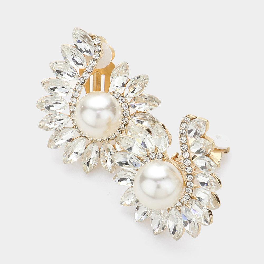 Cream Marquise Stone Embellished Pearl Point Clip On Earrings - Jewelry Store by Erik Rayo