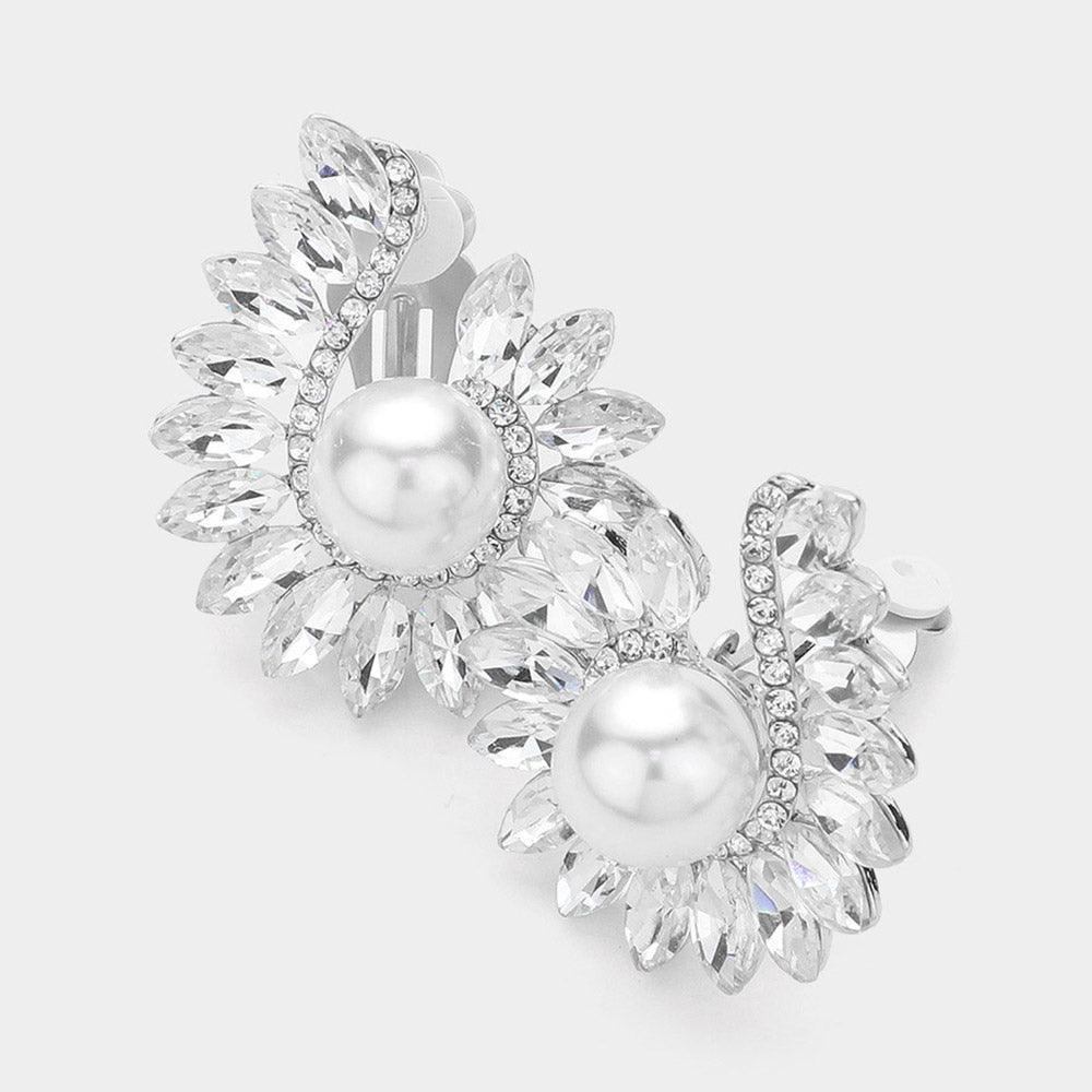 White Marquise Stone Embellished Pearl Point Clip On Earrings