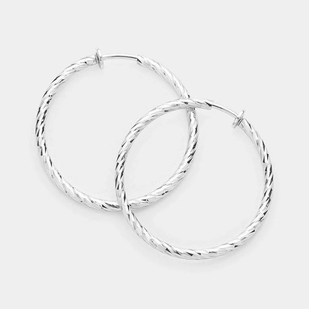 Silver 1.75" Hypoallergenic metal hoop clip on earrings - Jewelry Store by Erik Rayo