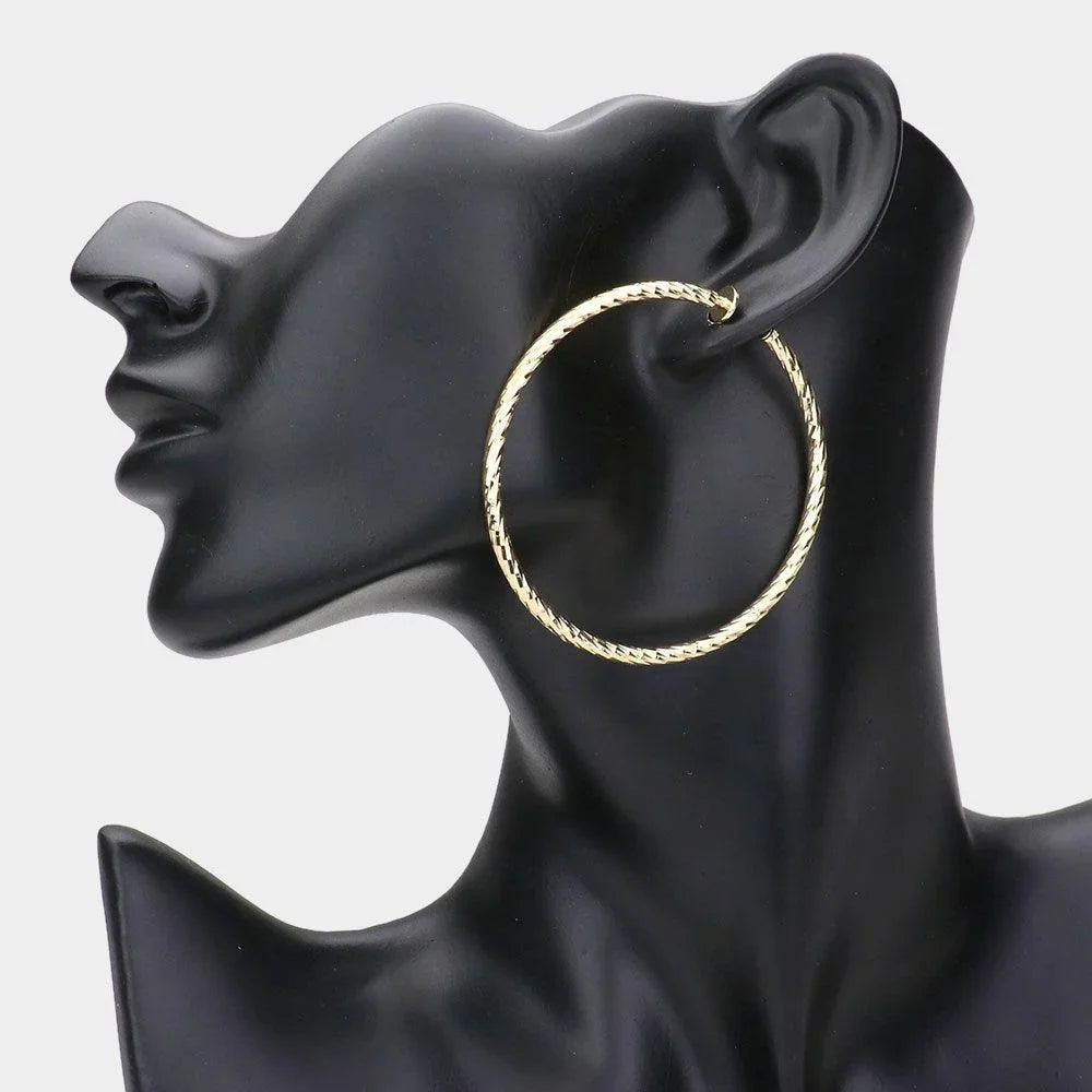 Gold 2.4" Textured metal hoop clip on earrings - Jewelry Store by Erik Rayo