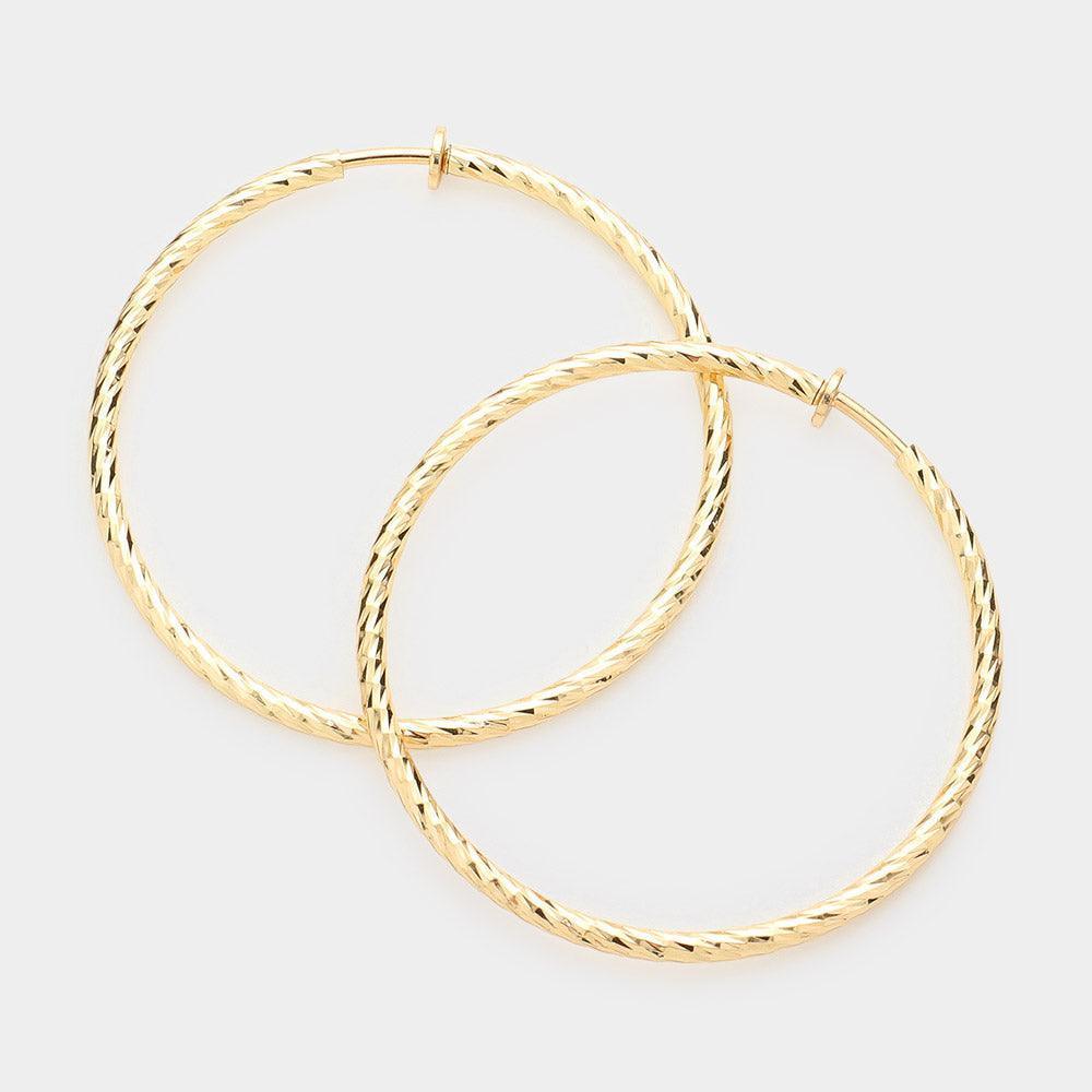 Gold 2.4" Textured metal hoop clip on earrings - Jewelry Store by Erik Rayo