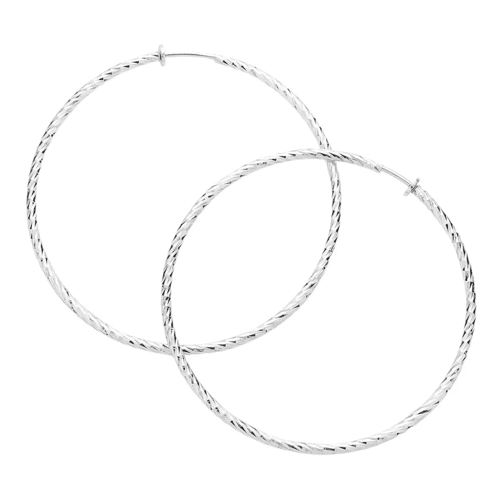 Silver 3" Textured metal hoop clip on earrings - Jewelry Store by Erik Rayo