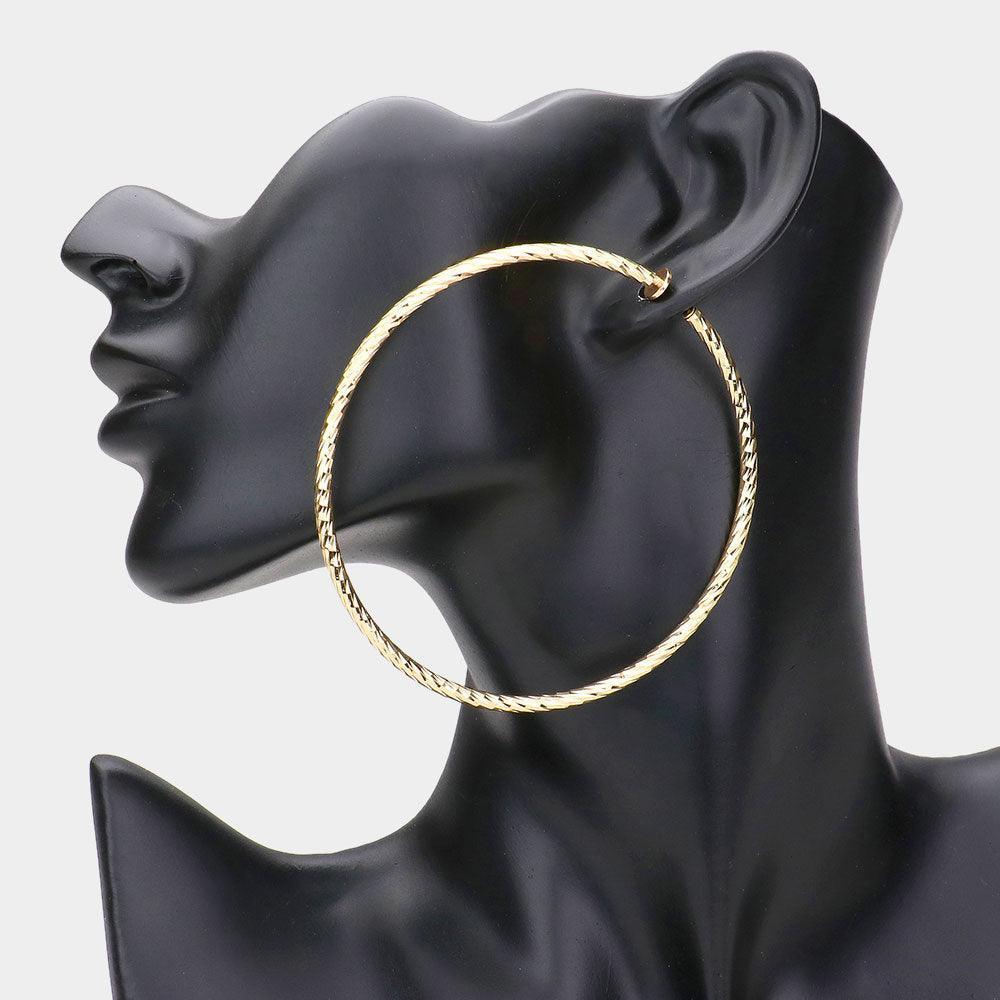 Gold 3" Textured metal hoop clip on earrings - Jewelry Store by Erik Rayo