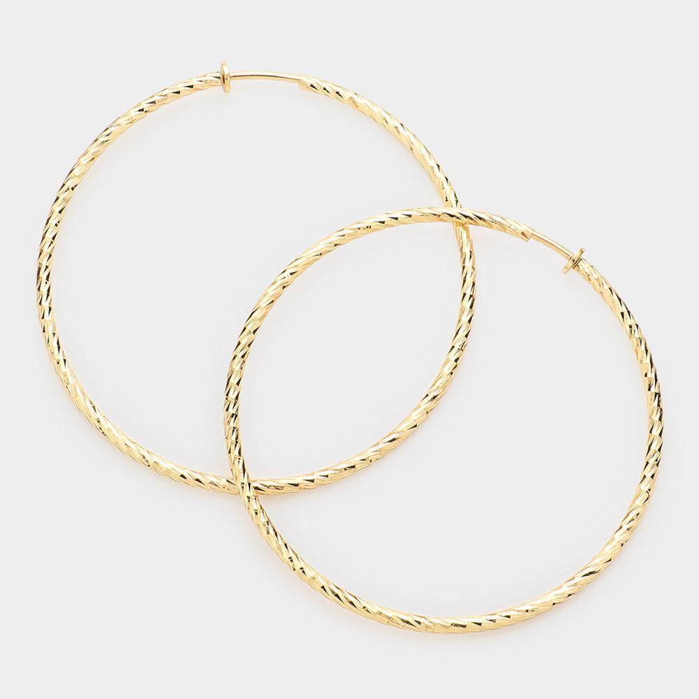 Gold 3" Textured metal hoop clip on earrings - Jewelry Store by Erik Rayo