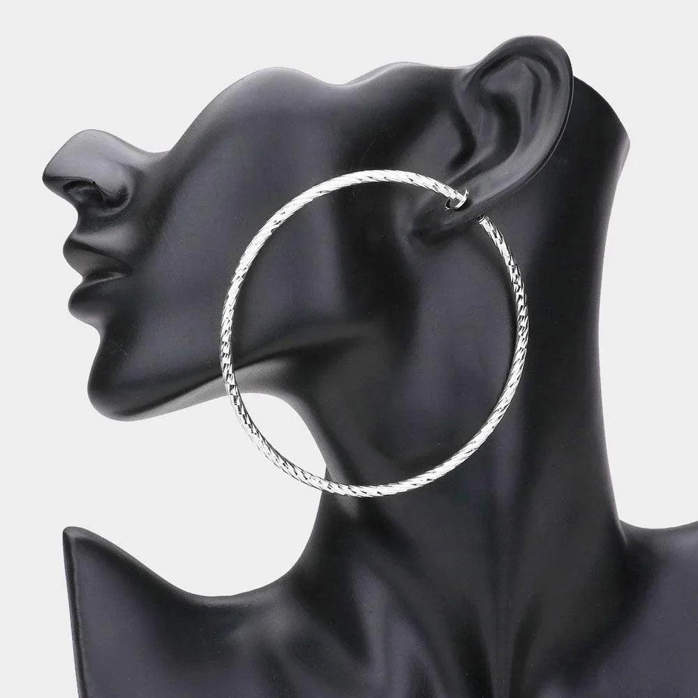 Silver 3" Textured metal hoop clip on earrings - Jewelry Store by Erik Rayo