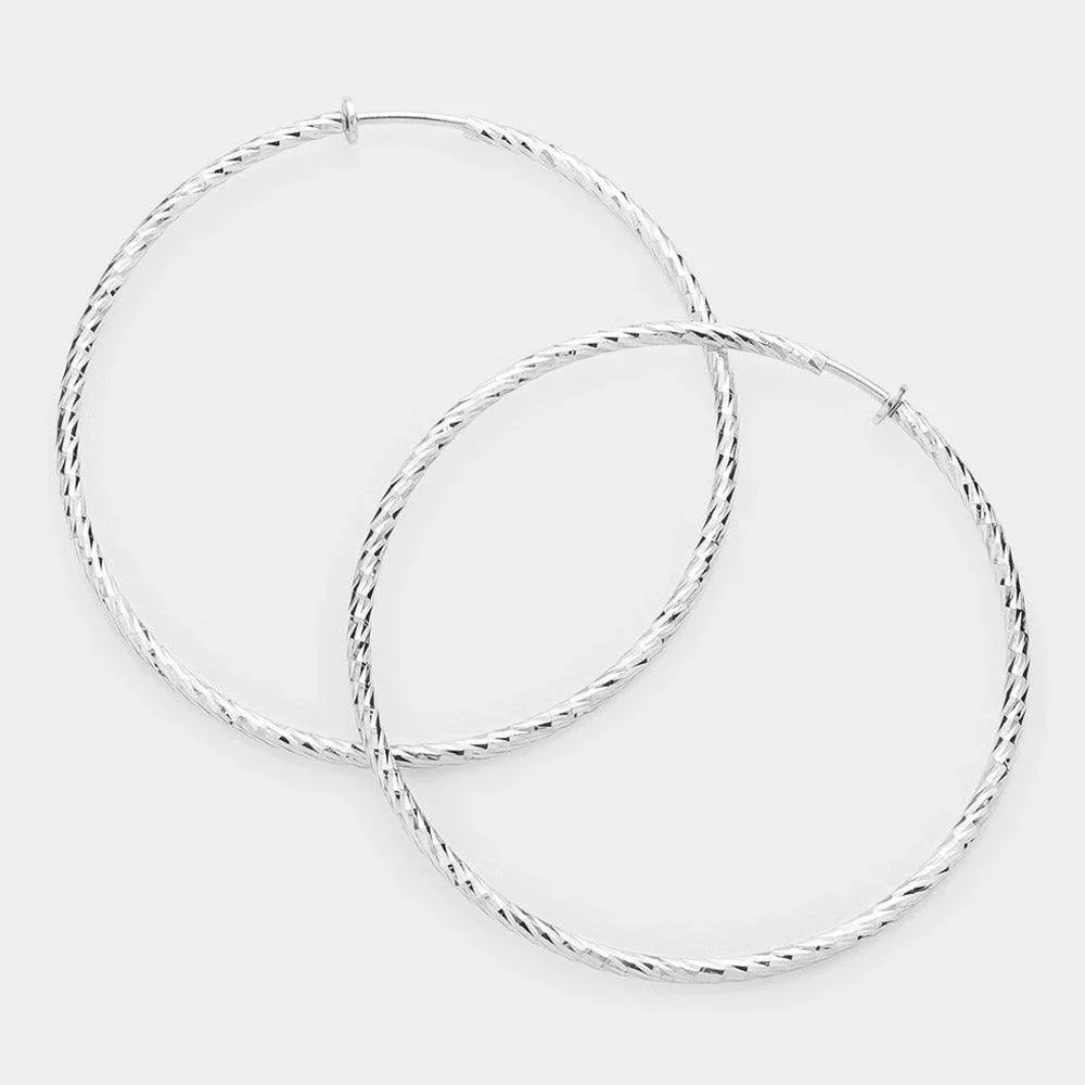 Silver 3" Textured metal hoop clip on earrings - Jewelry Store by Erik Rayo