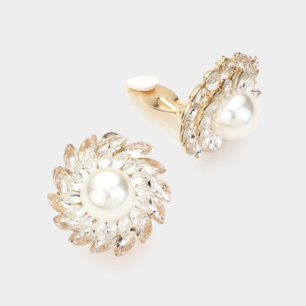 Cream Spiral Stone Paved Embellished Pearl Clip On Earrings - Jewelry Store by Erik Rayo