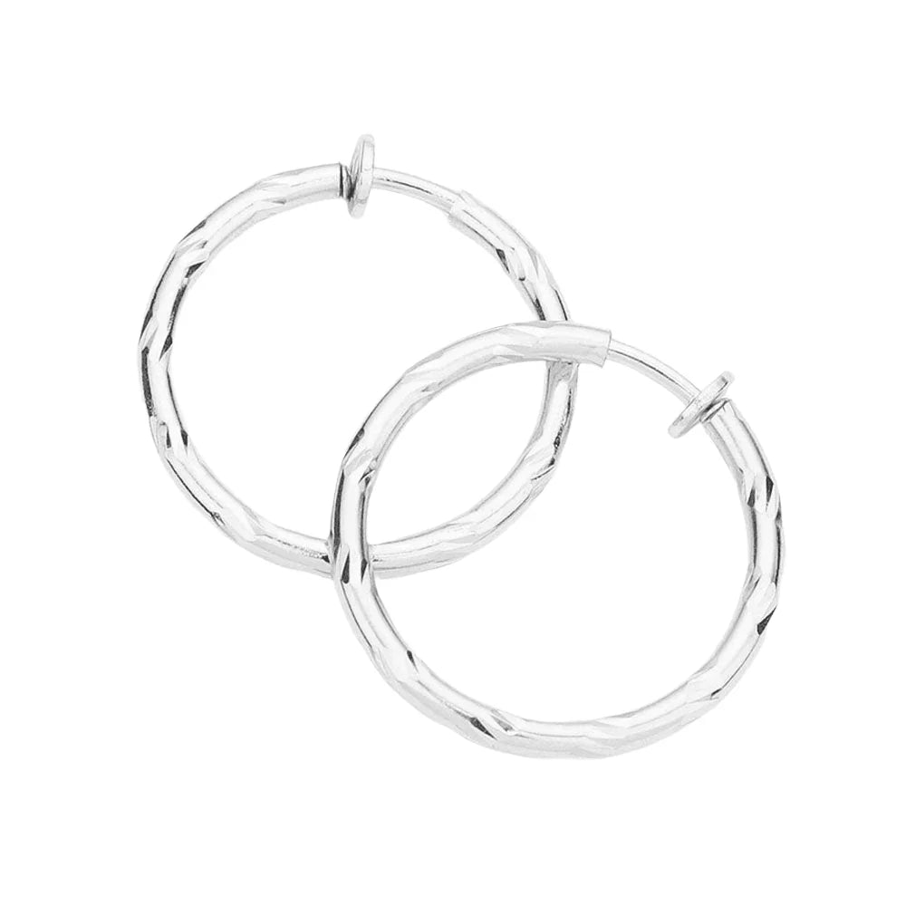 Silver 1.25 Inch Textured Metal Clip On Hoop Earrings - Jewelry Store by Erik Rayo