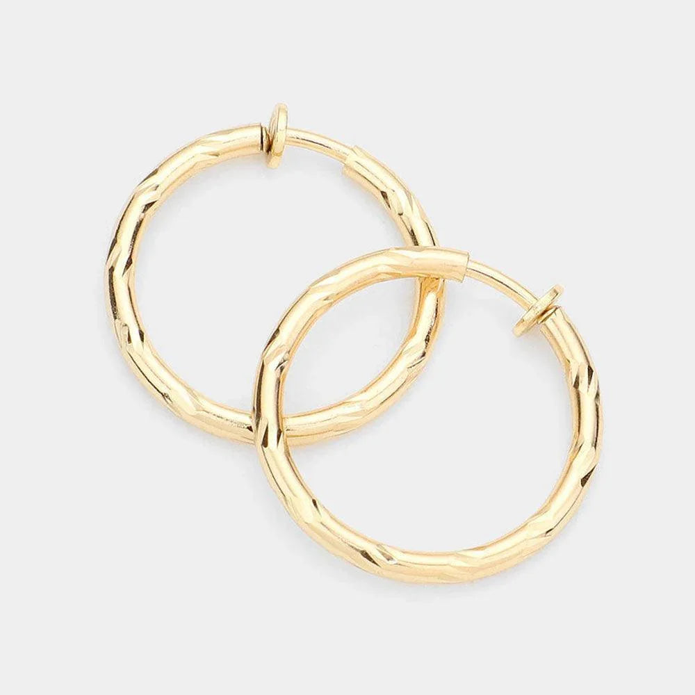 Gold Hypoallergenic Textured Metal Clip On Hoop Earrings - Jewelry Store by Erik Rayo