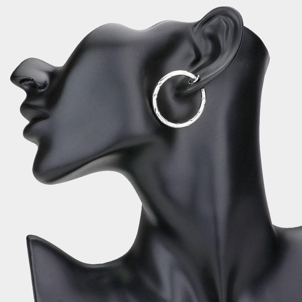 Silver 1.25 Inch Textured Metal Clip On Hoop Earrings - Jewelry Store by Erik Rayo