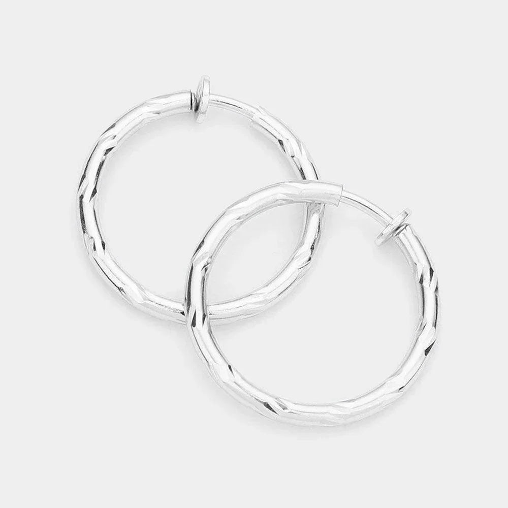 Silver 1.25 Inch Textured Metal Clip On Hoop Earrings - Jewelry Store by Erik Rayo