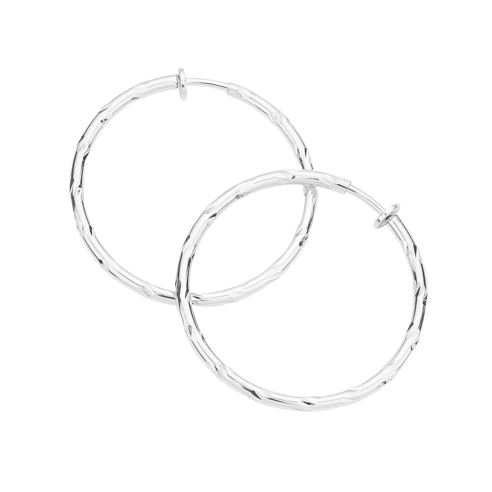 Silver 1.75 Inch Textured Metal Clip On Hoop Earrings