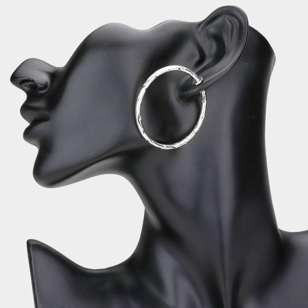 Silver 1.75 Inch Textured Metal Clip On Hoop Earrings - Jewelry Store by Erik Rayo