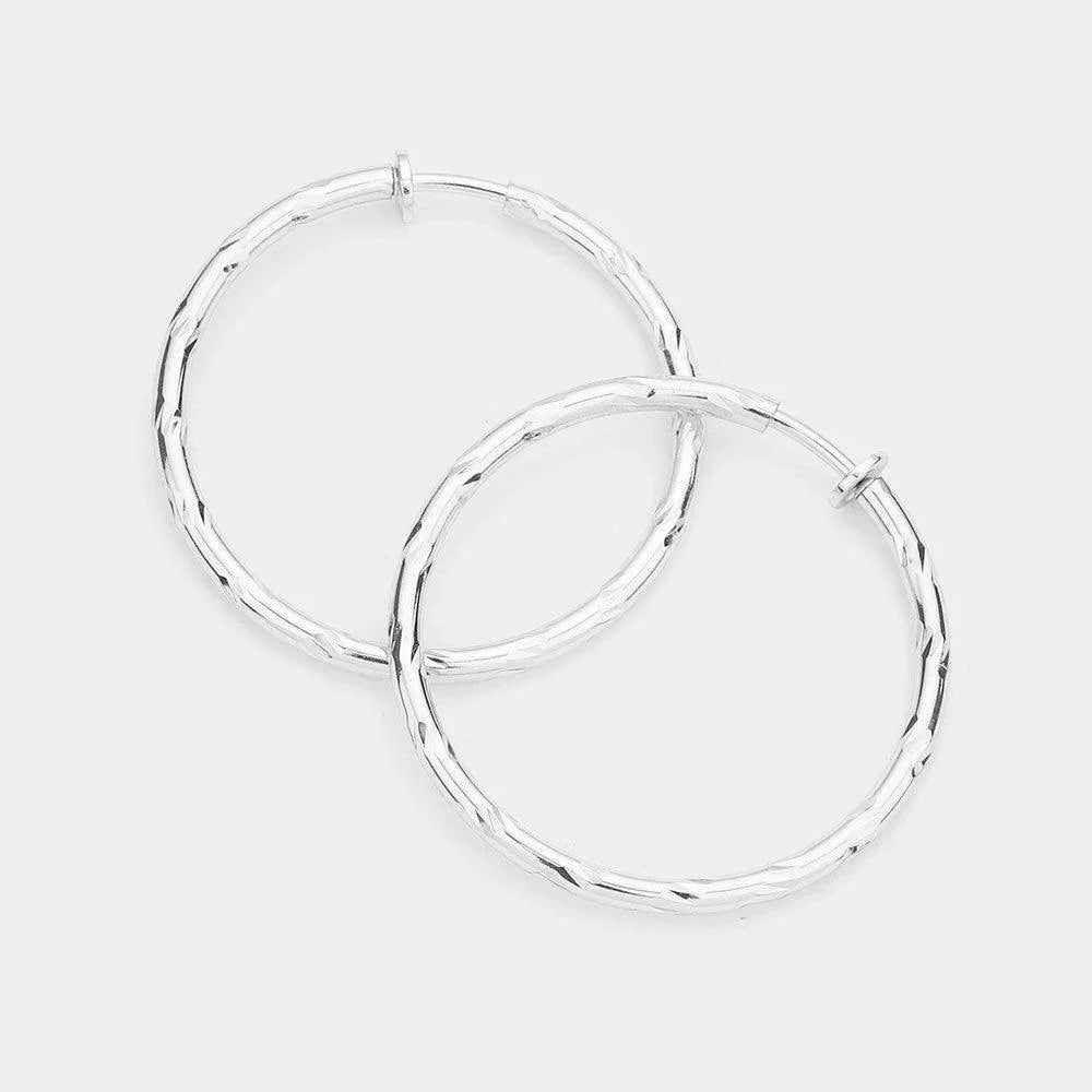 Silver 1.75 Inch Textured Metal Clip On Hoop Earrings - Jewelry Store by Erik Rayo