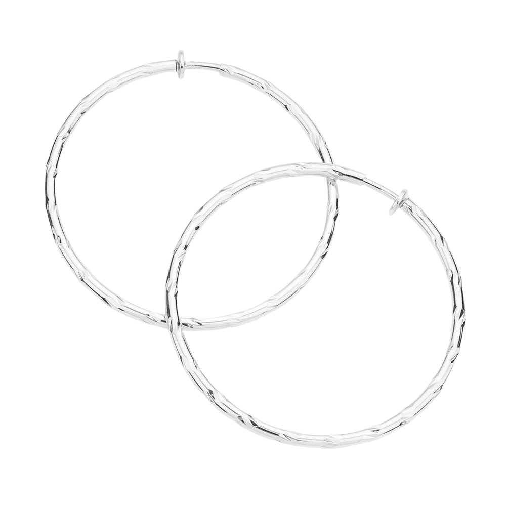 Silver 2.4 Inch Textured Metal Clip On Hoop Earrings