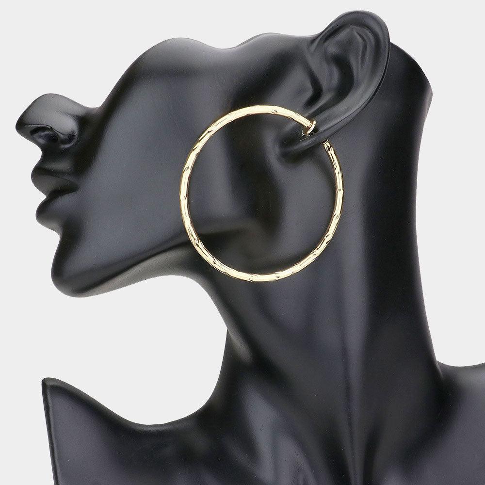 Gold 2.4 Inch Textured Metal Clip On Hoop Earrings - Jewelry Store by Erik Rayo