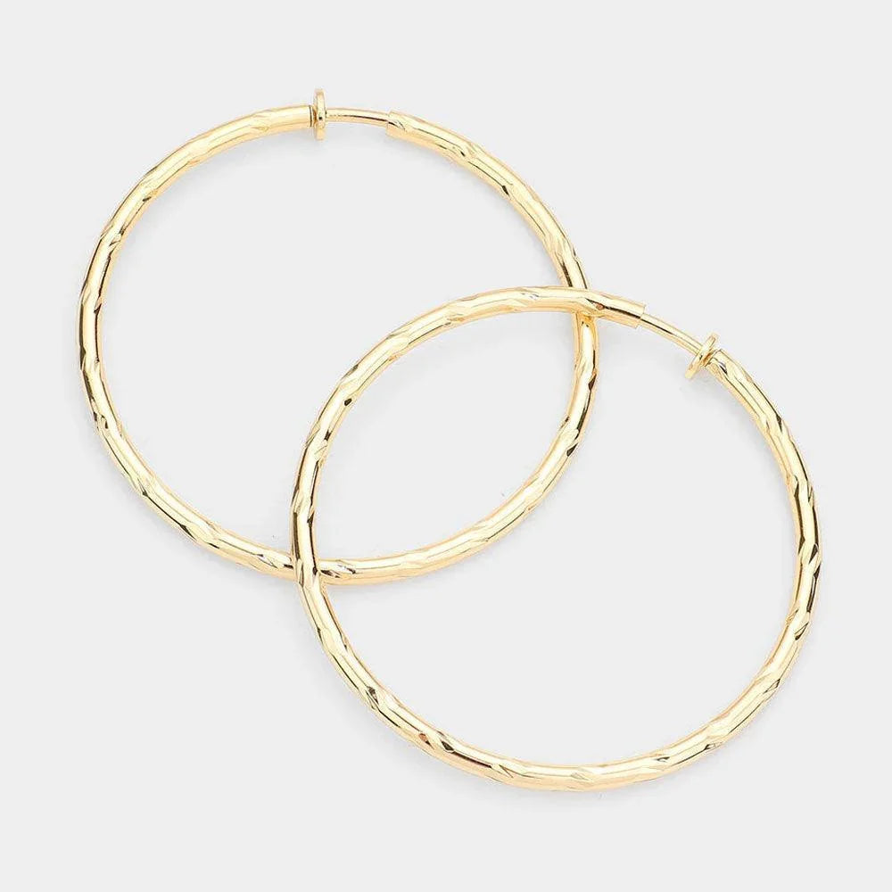 Gold 2.4 Inch Textured Metal Clip On Hoop Earrings - Jewelry Store by Erik Rayo