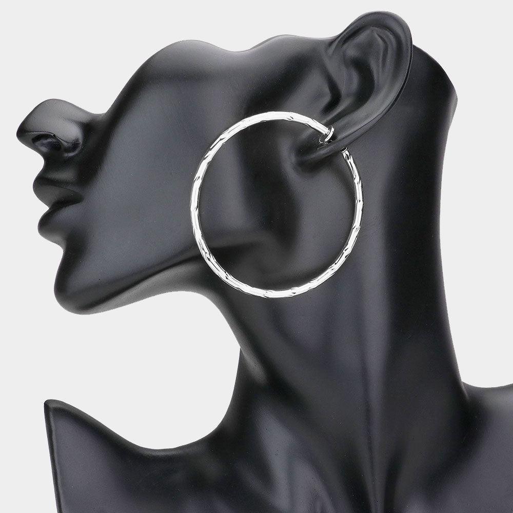 Silver 2.4 Inch Textured Metal Clip On Hoop Earrings - Jewelry Store by Erik Rayo