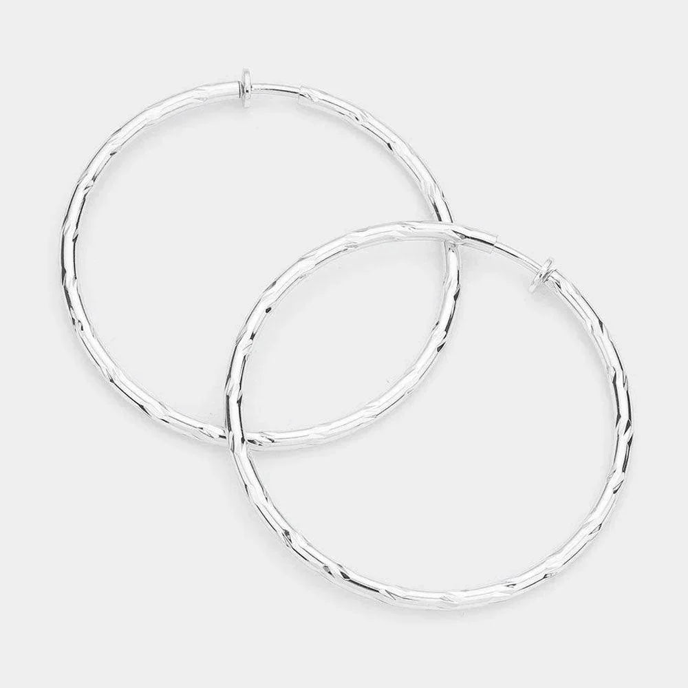 Silver 2.4 Inch Textured Metal Clip On Hoop Earrings - Jewelry Store by Erik Rayo