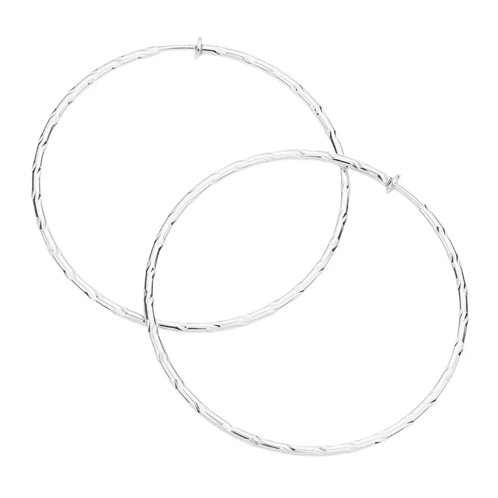 Silver 3.2 Inch Textured Metal Clip On Hoop Earrings - Jewelry Store by Erik Rayo