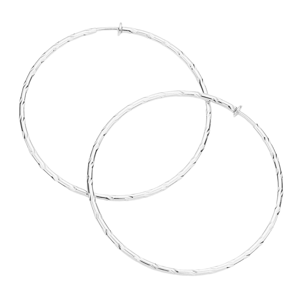 Silver 3.2 Inch Textured Metal Clip On Hoop Earrings