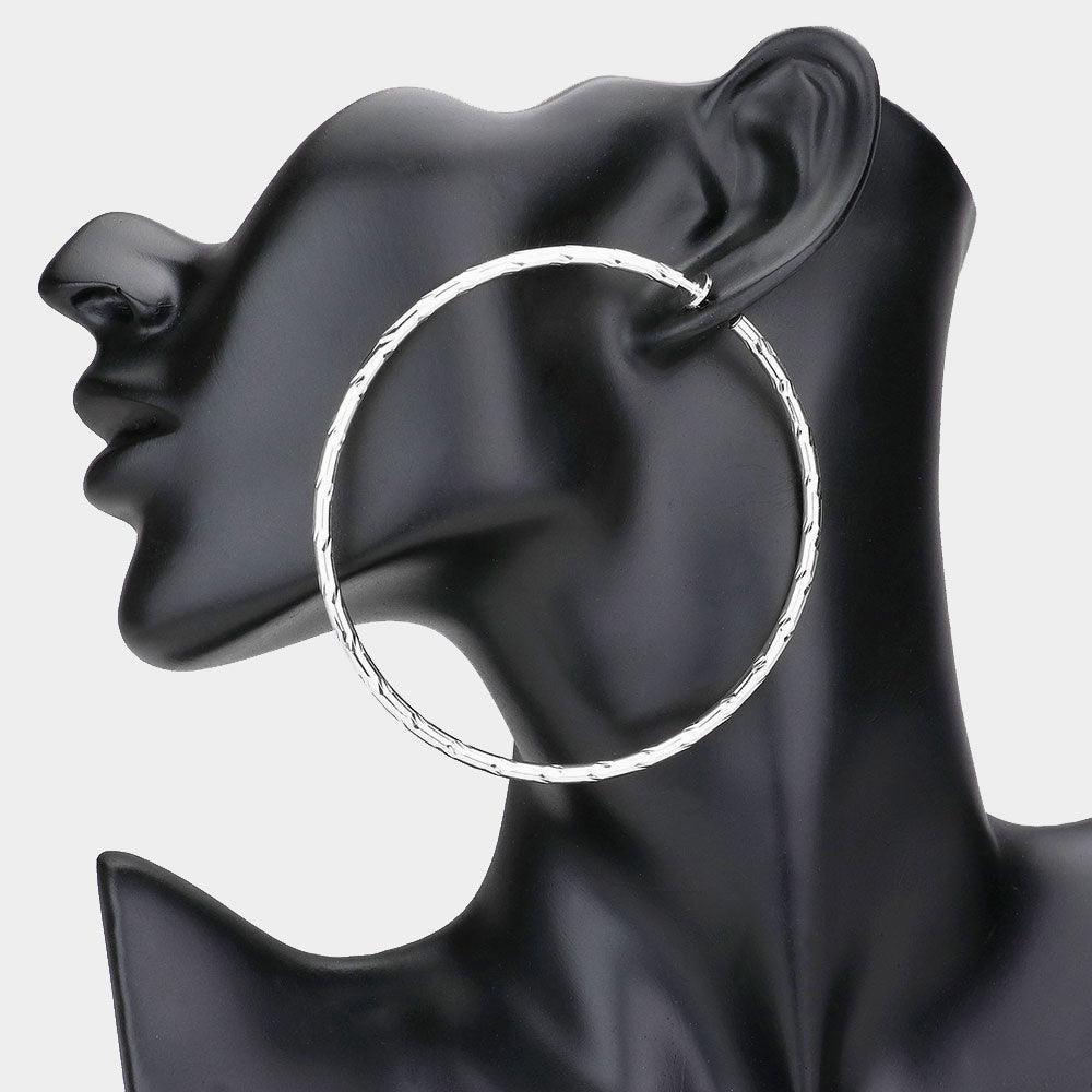 Silver 3.2 Inch Textured Metal Clip On Hoop Earrings - Jewelry Store by Erik Rayo