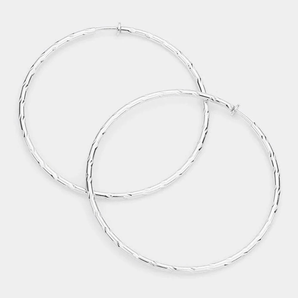 Silver 3.2 Inch Textured Metal Clip On Hoop Earrings - Jewelry Store by Erik Rayo