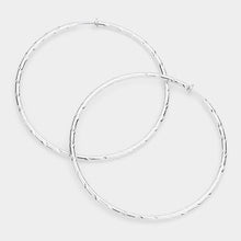 Load image into Gallery viewer, Silver 3.2 Inch Textured Metal Clip On Hoop Earrings
