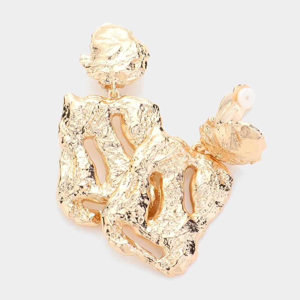 Gold Textured Metal Rectangle Dangle Clip On Earrings