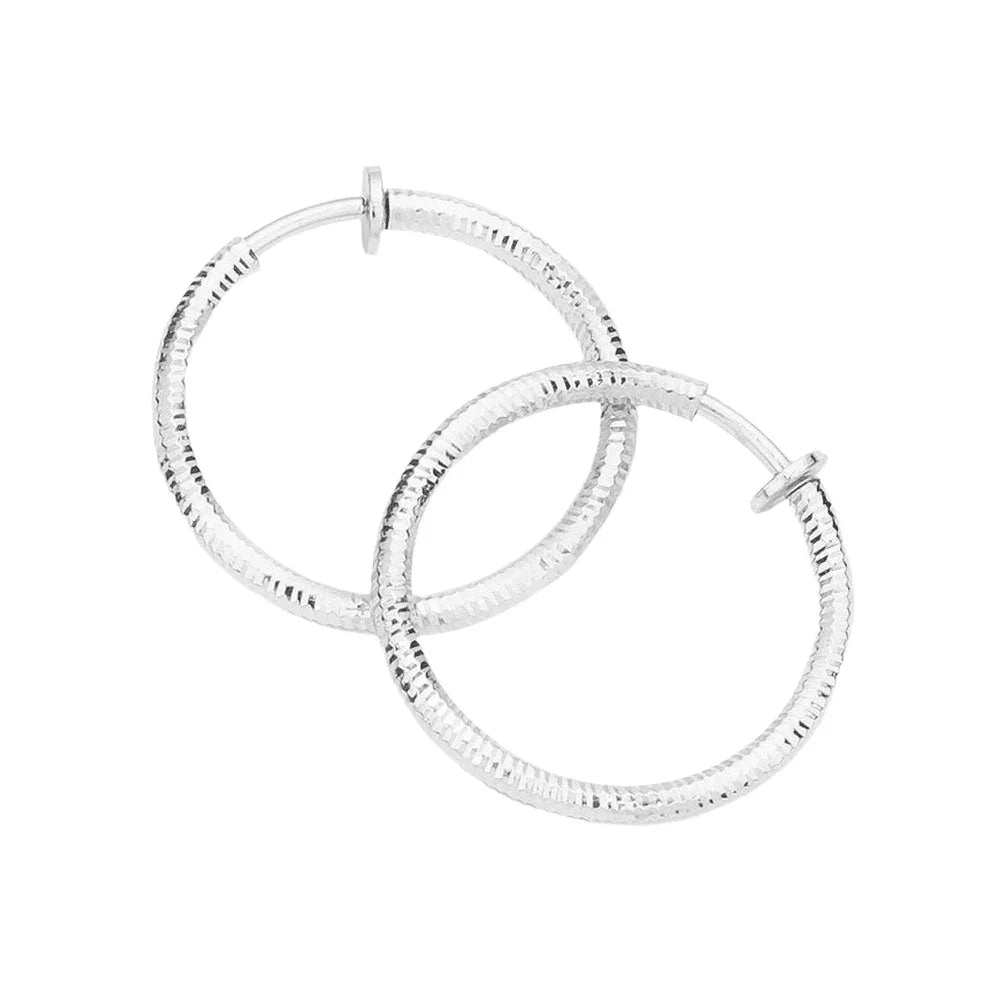 Silver 1.25 Inch Textured Metal Clip On Hoop Earrings - Jewelry Store by Erik Rayo