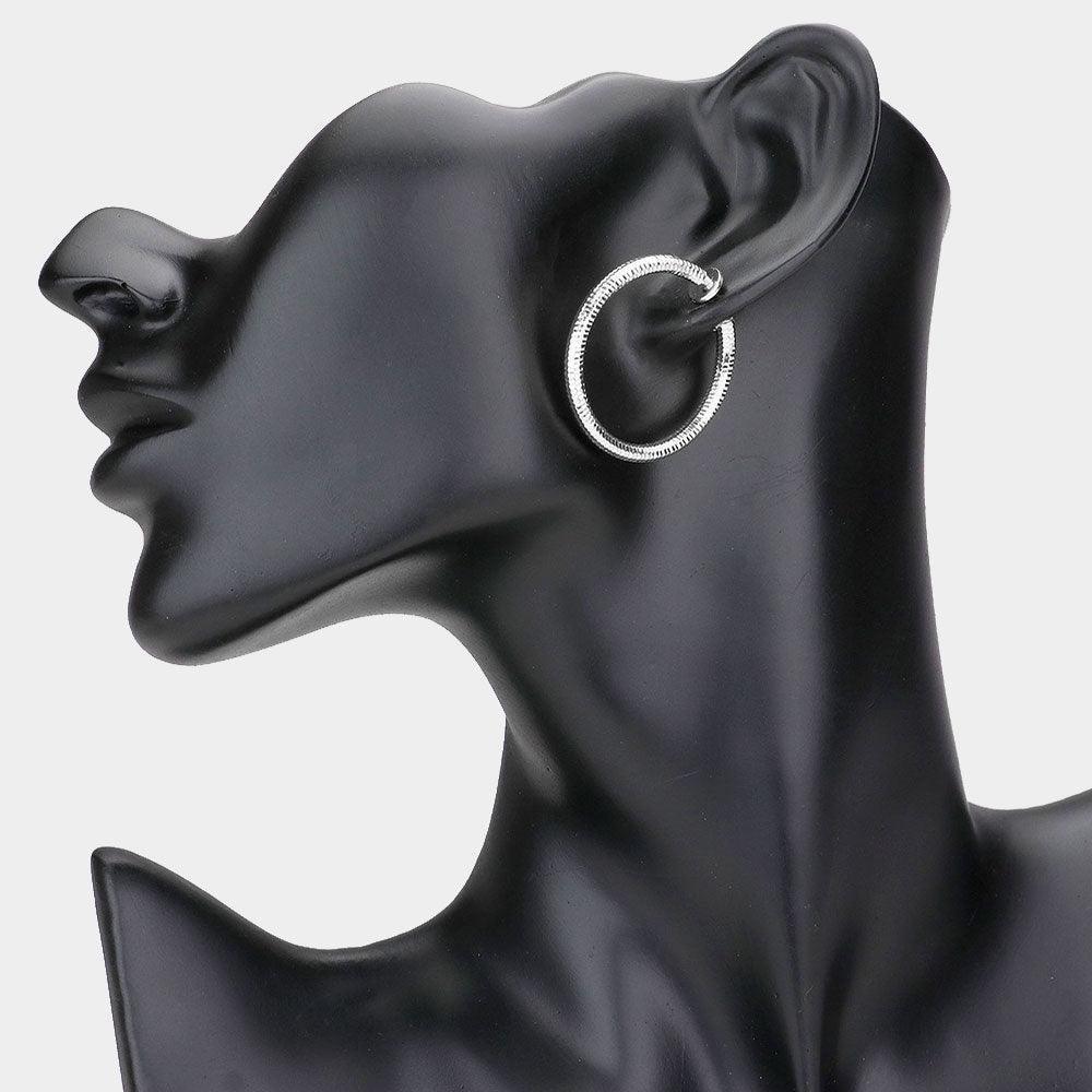 Silver 1.25 Inch Textured Metal Clip On Hoop Earrings - Jewelry Store by Erik Rayo
