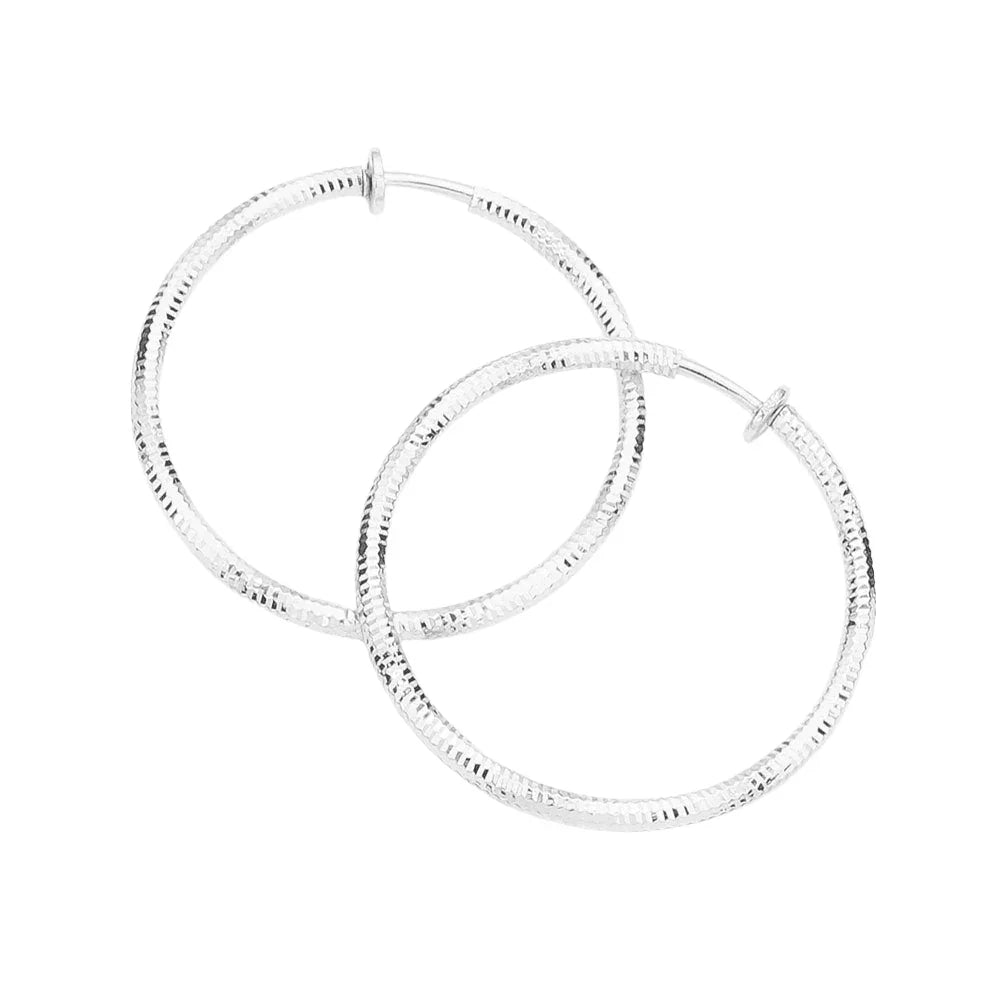 Silver 1.75 Inch Textured Metal Clip On Hoop Earrings - Jewelry Store by Erik Rayo