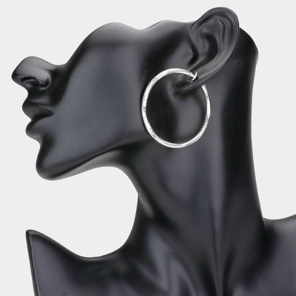 Silver 1.75 Inch Textured Metal Clip On Hoop Earrings - Jewelry Store by Erik Rayo