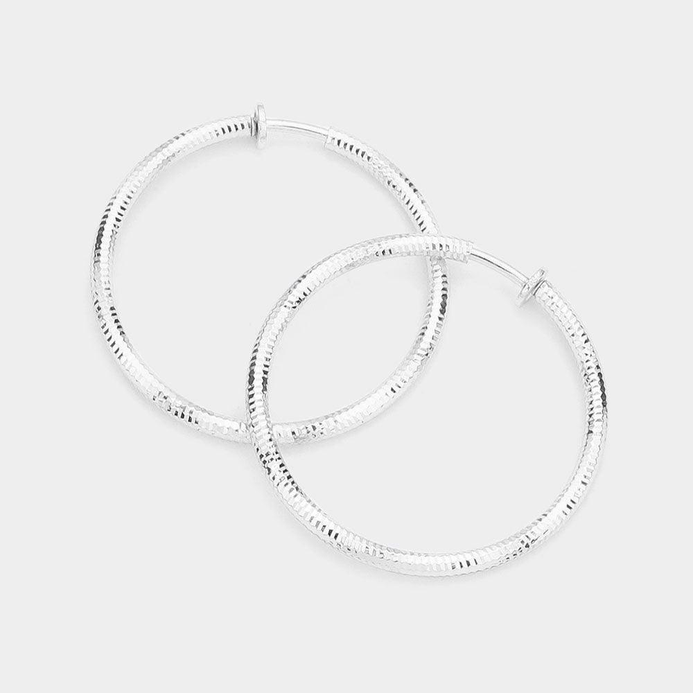 Silver 1.75 Inch Textured Metal Clip On Hoop Earrings - Jewelry Store by Erik Rayo