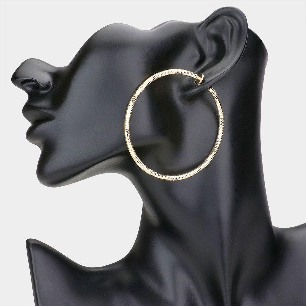 Gold 2.4 Inch Textured Metal Clip On Hoop Earrings - Jewelry Store by Erik Rayo