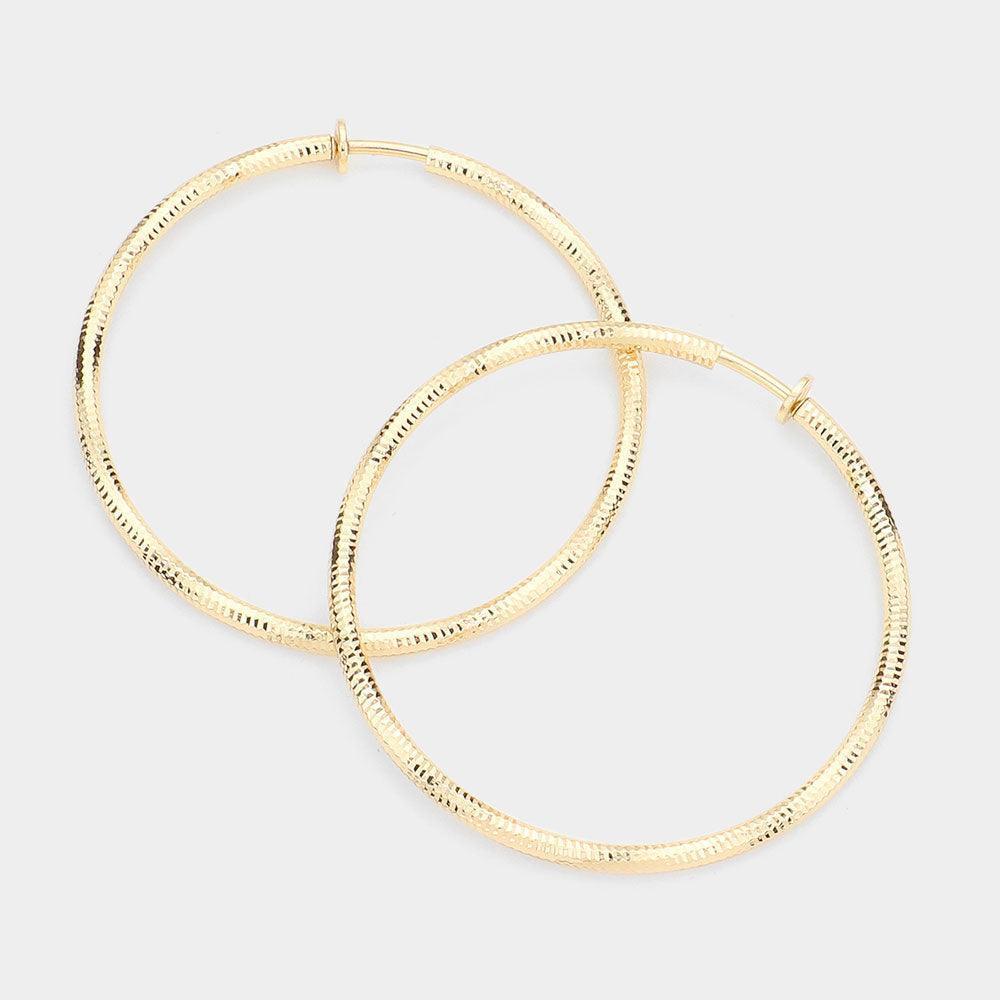 Gold 2.4 Inch Textured Metal Clip On Hoop Earrings - Jewelry Store by Erik Rayo