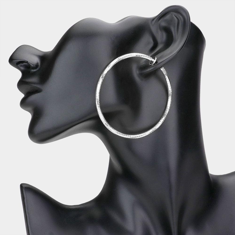 Silver 2.4 Inch Textured Metal Clip On Hoop Earrings - Jewelry Store by Erik Rayo