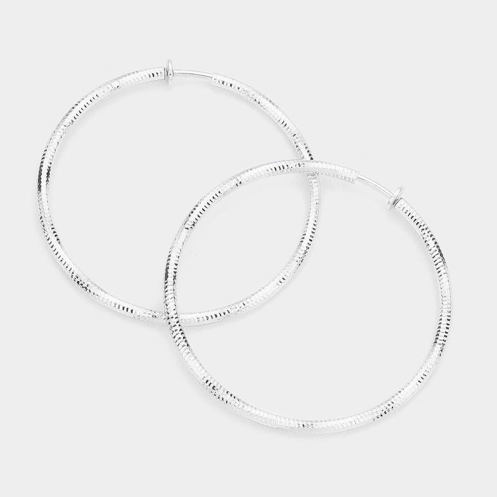 Silver 2.4 Inch Textured Metal Clip On Hoop Earrings - Jewelry Store by Erik Rayo