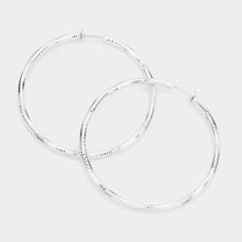 Load image into Gallery viewer, Silver 2.4 Inch Textured Metal Clip On Hoop Earrings
