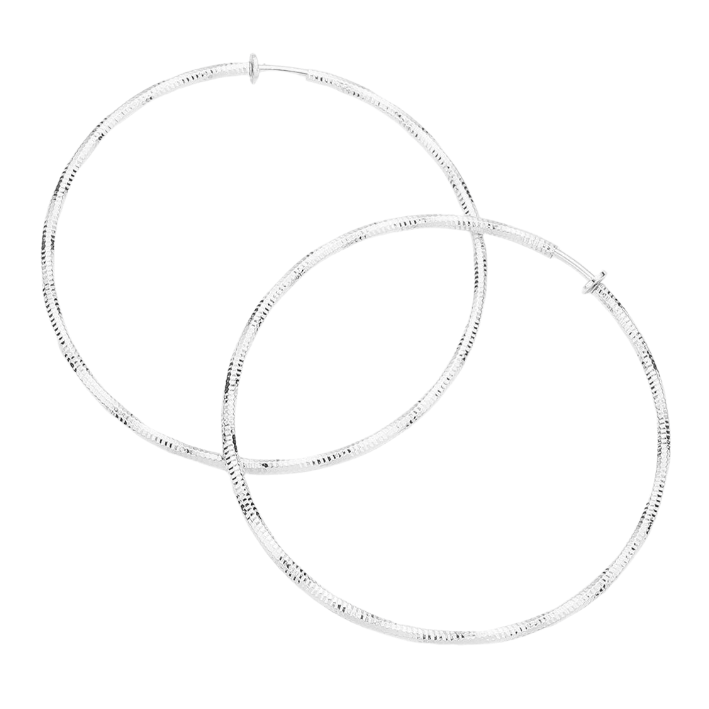 Silver 3.2 Inch Textured Metal Clip On Hoop Earrings