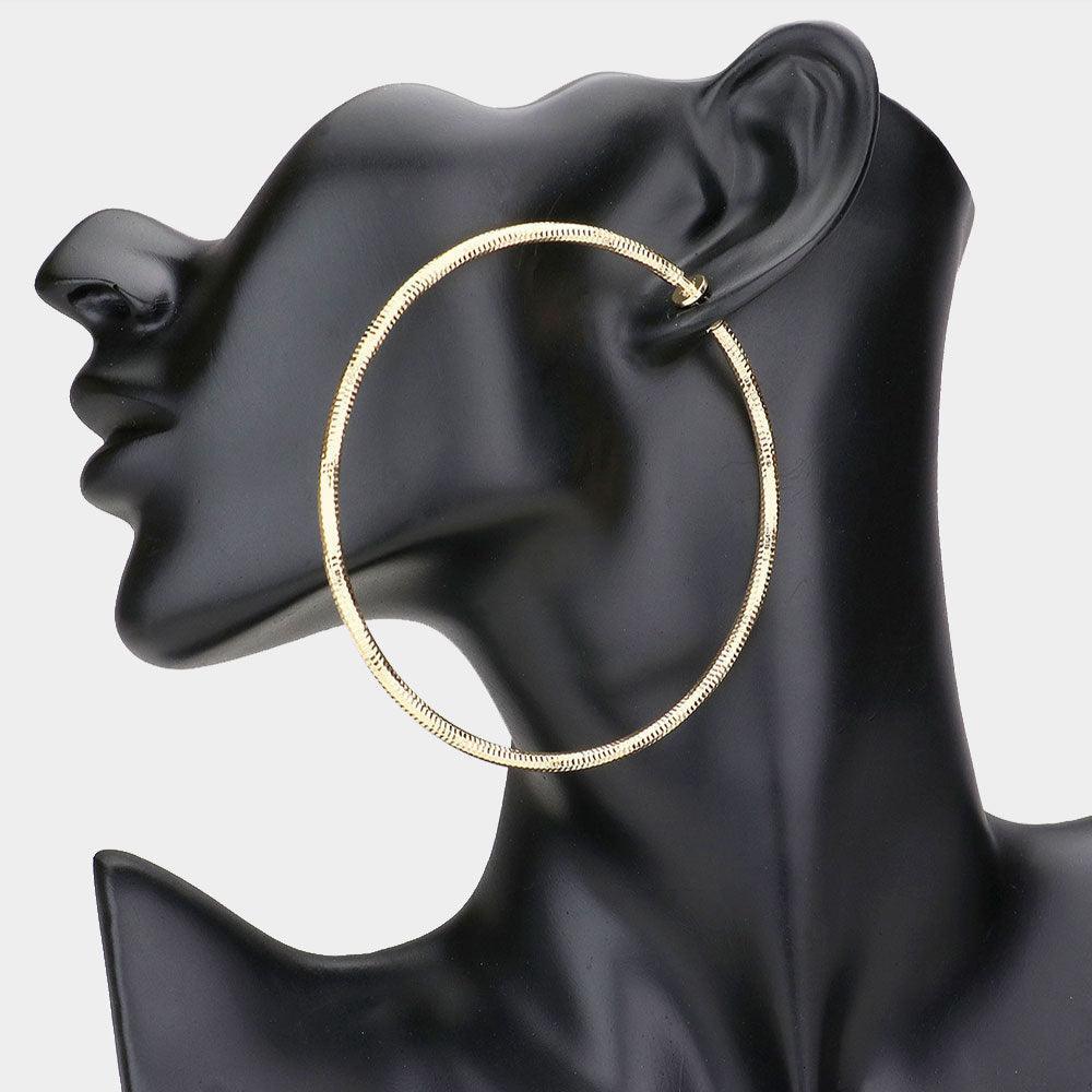 Gold 3.2 Inch Textured Metal Clip On Hoop Earrings - Jewelry Store by Erik Rayo